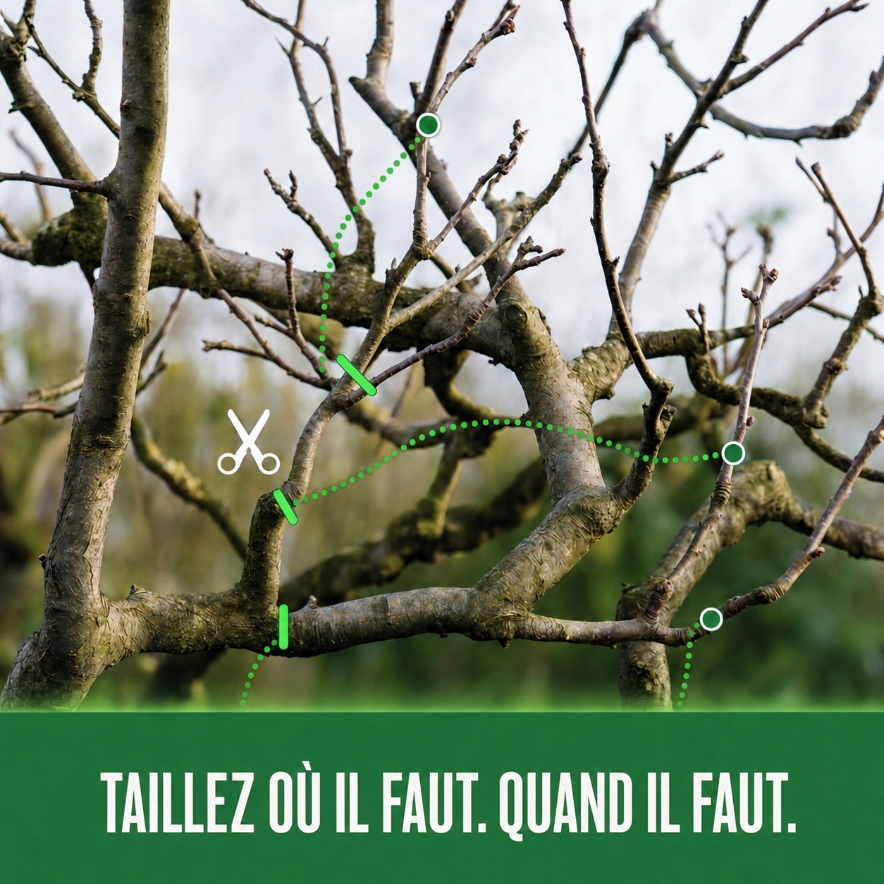 Taillez là où c’est nécessaire, quand c’est nécessaire : la taille guidée de PlanteVerte, indiquée sur les branches
